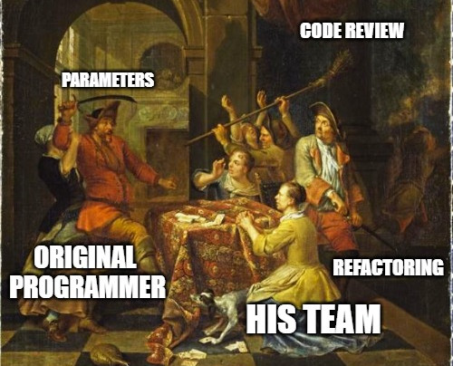 painting, meme, code review, original programmer vs his team